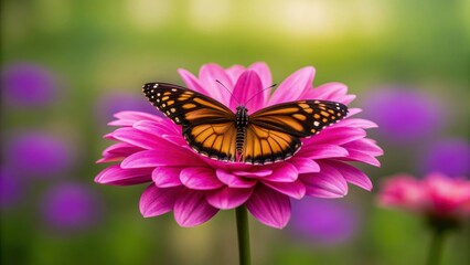 Rare flower species in field, vibrant butterfly on pink petal, soft bokeh background, gentle light, peaceful mood