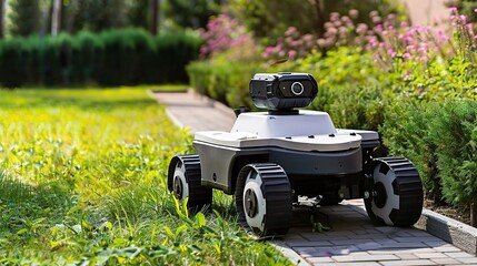 Pest control robot with a compact gray and green body, moving across garden soil or farmland to detect and eliminate pests like insects or larvae, equipped with pest-sensing tools and a targeted spray