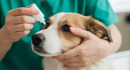Caring veterinarian gently applying eye drops to a sweet dog, promoting pet wellness and compassionate animal care practices