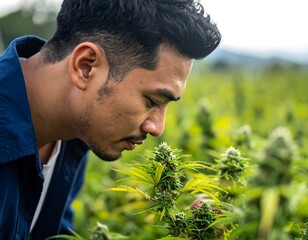 Man inspecting cannabis plant outdoors