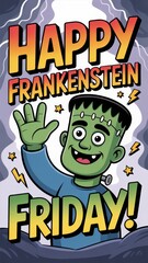 Obraz premium Celebrate Friday with a cheerful Frankenstein greeting card design that brings joy to all ages with its playful colors and whimsical charm. Frankenstein Friday, Halloween