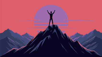 Achieving Goals and Success Man on Mountain Peak Celebrating Victory with Sunset Background for Motivation Inspiration and Determination Concept