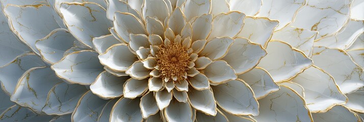 Detailed close-up of a decorative flower.  Delicate, layered petals in light gray/white, outlined in gold.  The texture resembles marble.  Center of flower is a warm gold.  Complex, symmetrical design