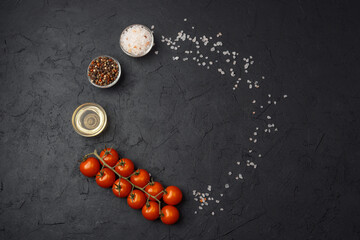 Salt, pepper, oil and tomatoes on dark background with copy space
