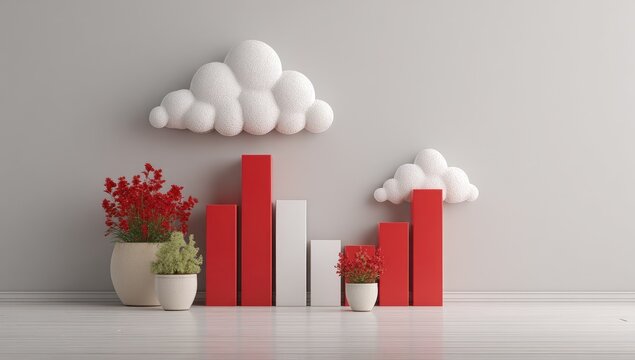 Red and white 3D cloud and bar graph decor