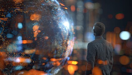A man gazes at a large, digital representation of Earth.  A holographic globe, shimmering with lines and data, fills the background, projected over a night cityscape.
