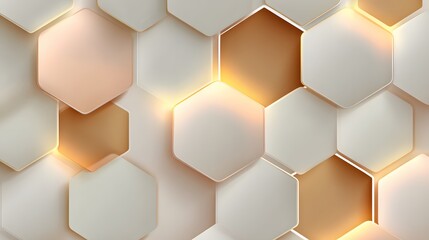 A sophisticated geometric design featuring layered hexagons in light beige and golden hues, creating a sense of depth and dimension.