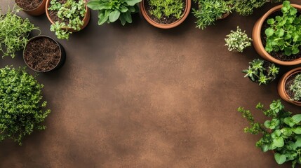 Various potted green plants and soil arranged on a textured brown surface, suggesting growth and cultivation