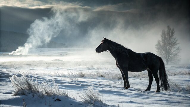 A majestic brown horse stands in a snowy winter field