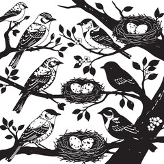 Obraz premium Black and white illustration of birds and nests on branches
