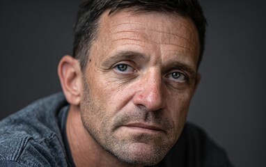 Obraz premium a portrait of chris pullin, a middle-aged man with short hair and light blue eyes, wearing casual attire, looking directly at the camera against a dark background. 