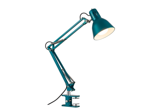 A teal-colored adjustable clamp lamp stands out against a black backdrop, showcasing its articulated arm and shade.