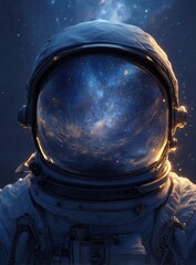 Close-up of an astronaut helmet, reflecting a vibrant night sky.  Stars and nebulae are mirrored within the transparent visor, creating a breathtaking view.  Cosmic imagery