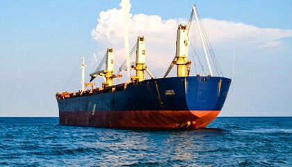 Large cargo ship at sea, blue and red hull, multiple cranes