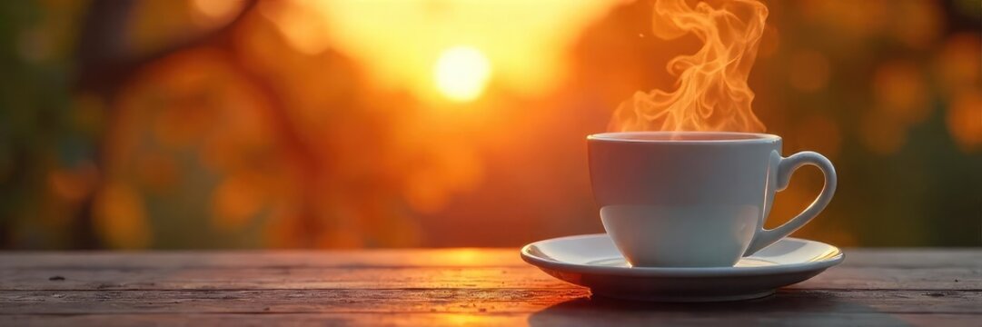 A bright and cheerful Monday morning scene featuring a steaming cup of coffee and a vibrant sunrise, perfect for starting the week off right , fresh, orange, office