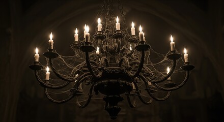Ornate antique chandelier hanging in dark historic room with multiple lit candles and intricate metalwork design in a gothic or vintage style with dramatic shadows light ambiance
