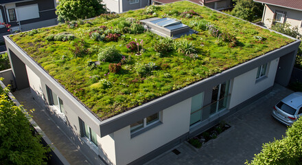 A house with a green roof covered in plants