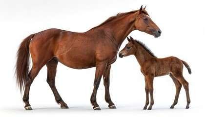 Obraz premium A beautiful brown mare and foal stand in a green summer pasture