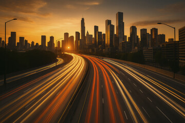 Fototapeta premium Dynamic city highway at sunset, showcasing vibrant light trails from vehicles against stunning skyline. warm hues of sky create emotional atmosphere, highlighting urban life