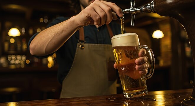 Pouring draft beer into a large glass mug at a bar with warm lighting and a rustic wooden counter in the background, bartender wearing a dark shirt and apron during evening hours