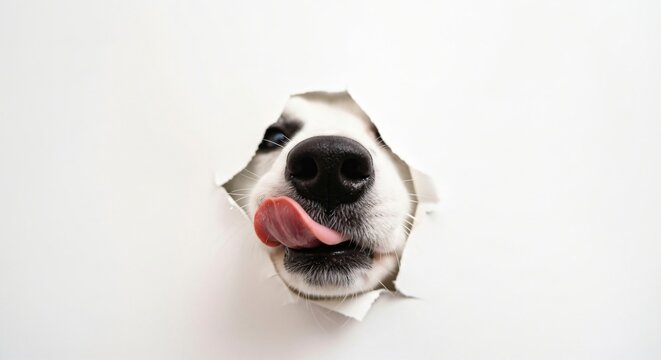 Adorable dog tongue sticking out playfully through torn paper, ready for funny pet food ads or playful animal designs - Powered by Adobe