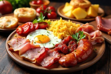 A delicious spread of various meaty brunch delights, including bacon, sausage, ham, and breakfast meats served alongside eggs, potatoes, and pastries ,  fruit,  culinary