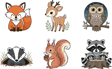 Cute woodland animals illustration, cartoon forest creatures including fox deer owl badger squirrel raccoon, adorable wildlife clipart for kids nursery design