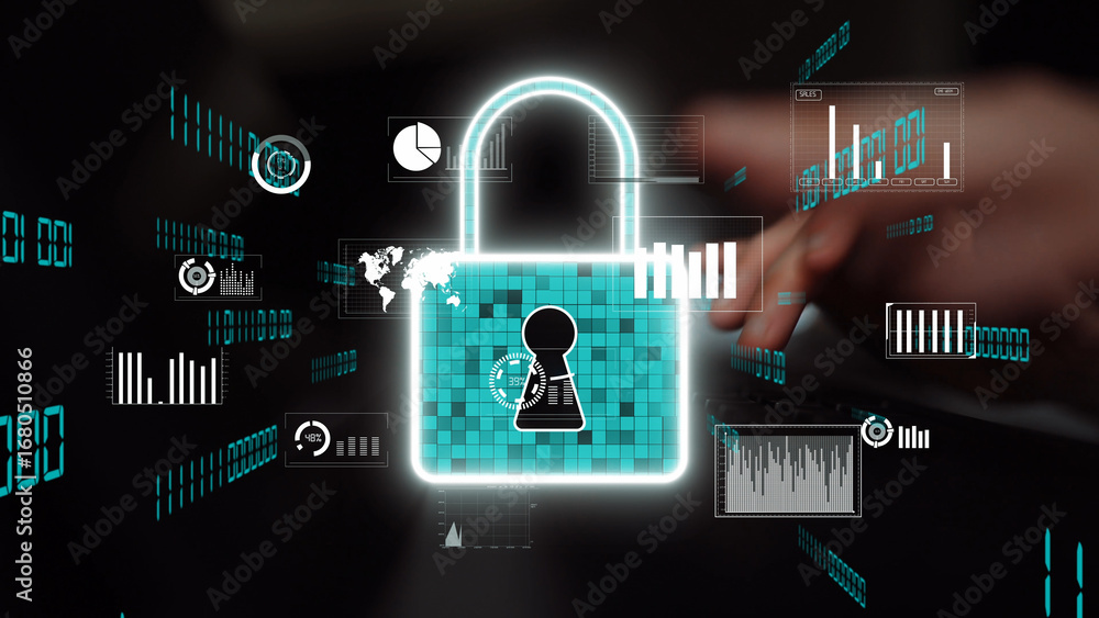 Poster visual representation of digital security featuring a lock symbol amid data graphics, illustrating t