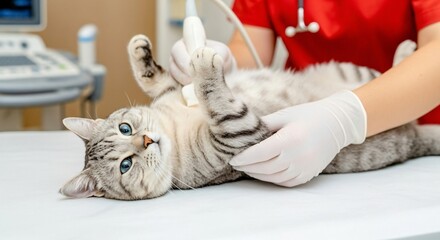 Adorable cat getting ultrasound by vet in clinic showing compassionate pet care, ensuring animal health and well being in modern veterinary setting