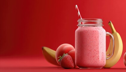 Vibrant pink smoothie in a mason jar, surrounded by fresh fruit