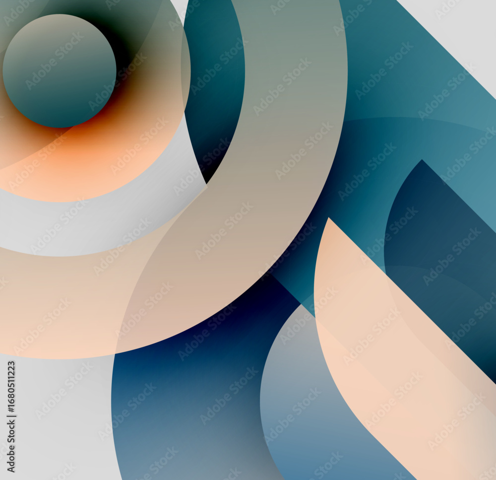 Poster abstract composition featuring overlapping circles, gradients. soft colors create depth, visual harm