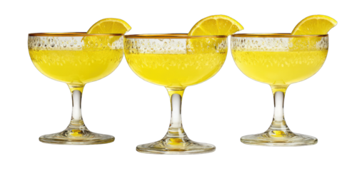 Three yellow cocktails in stemmed glasses with lemon slices
