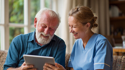 Elderly man using a tablet with the help of a female caregiver, smiling and learning new technology in a bright home