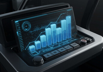 A futuristic dashboard display shows a holographic bar graph with rising trends and digital interface elements.