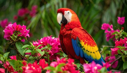 Fototapeta premium A vibrant red and yellow macaw perched on a branch with pink and green leaves in a lush, green setting