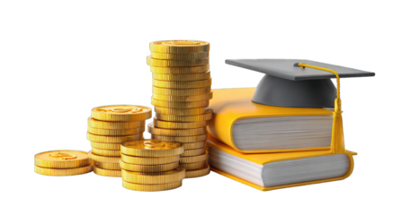 Stack of gold coins next to yellow books with a graduation cap