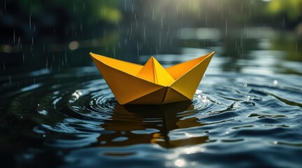 Fototapeta premium A bright yellow paper boat floats on rippling water during a gentle rain shower