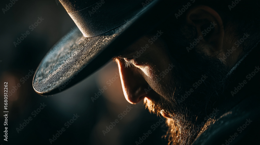 Aufkleber close up portrait of a man with a beard wearing a hat in a dimly lit and shadowed environment