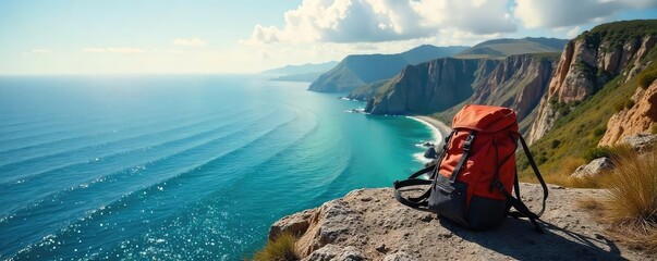 A lone backpack sits on a rugged, sun-drenched cliff overlooking a vast, breathtaking ocean vista; embodying the spirit of intrepid exploration and wanderlust , freedom, vista, scenic
