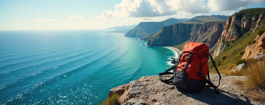 A lone backpack sits on a rugged, sun-drenched cliff overlooking a vast, breathtaking ocean vista; embodying the spirit of intrepid exploration and wanderlust , freedom, vista, scenic