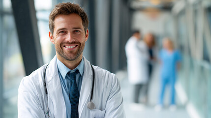 Fototapeta premium Friendly male doctor smiling confidently in a modern hospital corridor, professional healthcare service