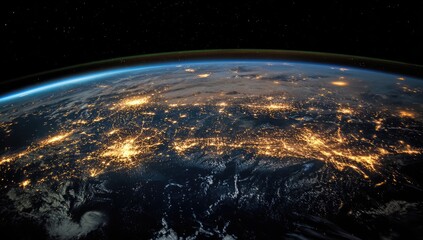 Obraz premium Earth at night, seen from space. Cities glow brightly, contrasting with the dark expanse of ocean and land. A thin ring of atmosphere surrounds the planet