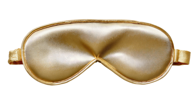 A golden-beige silk eye mask.  Smooth, supple fabric, soft curves.  Adjustable straps.  Sleep accessory