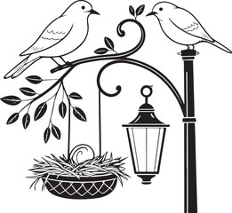 Two Birds on a Lamp Post with Nest and Lantern couple
