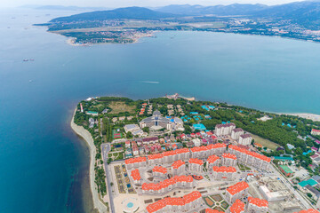 Panorama of Gelendzhik resort from aerial view. We see entrance to bay, on nearest cape to us -...