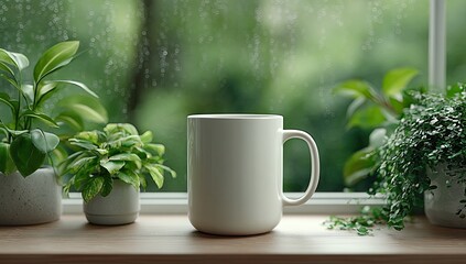 White mug on windowsill, surrounded by plants on a rainy day