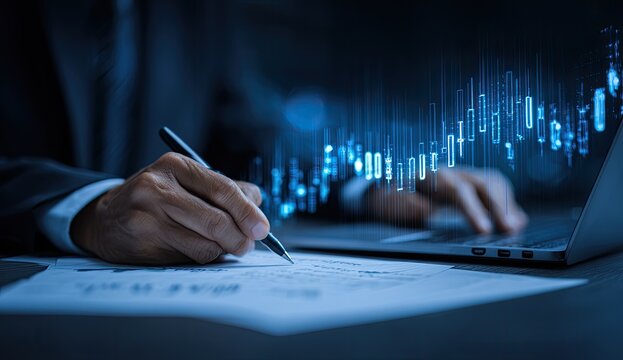 Businessman analyzing financial data on laptop - Powered by Adobe