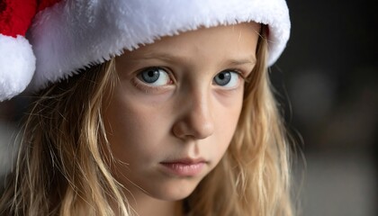 Close-up of a thoughtful girl in a Santa hat