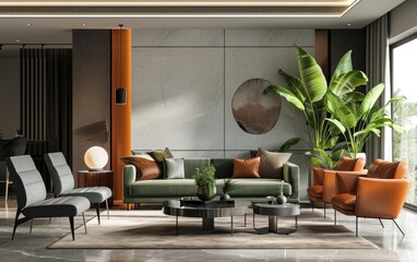 Stylish modern living room features a green velvet sofa, orange leather armchairs, and a large tropical plant against a marble wall.