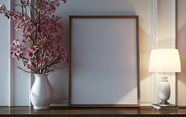 Elegant interior scene features a vase of pink blossoms next to a blank frame and a table lamp on a wooden surface.